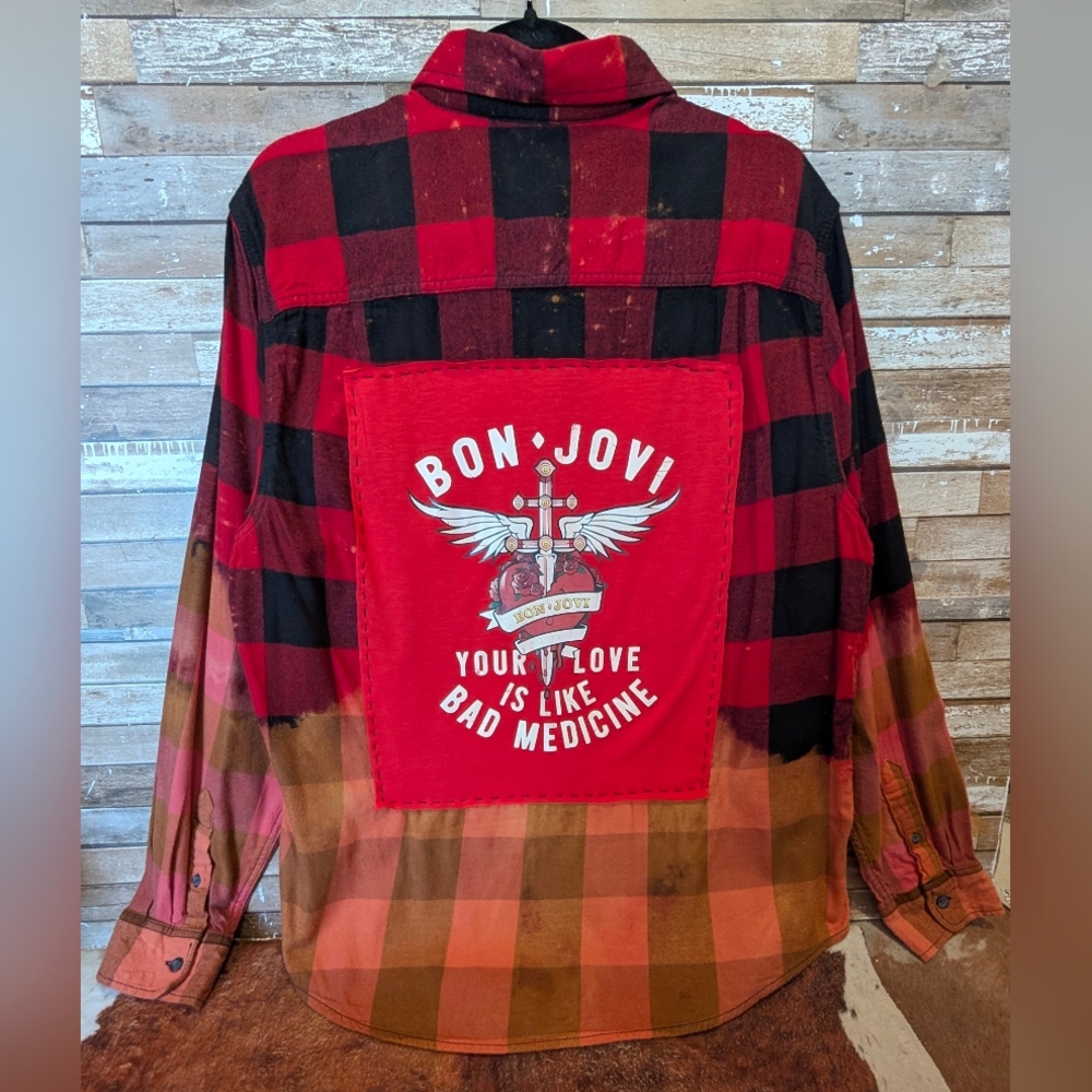 Bon Jovi Bad Medicine Graphic Upcycled Dip Dye Bleached Flannel Shirt